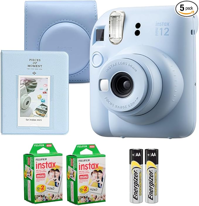 Fujifilm Instax Mini 12 Instant Camera Pastel Blue Bundle – Includes 40-Sheets Instax Mini Film, Protective Case, and Mini Photo Album