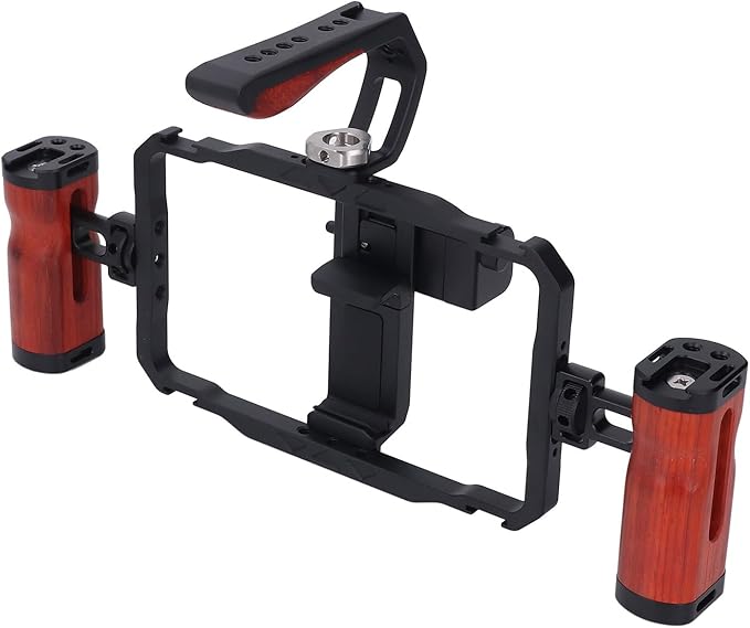 Smartphone Video Rig Smartphone Video Rig Kit, Aluminum Alloy Detachable Dual Wooden Handles Phone Cage for Vlogs, Live Streaming, and Stable Shoots
