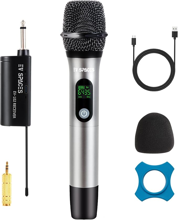 Rechargeable Wireless Microphone System - Dual UHF Metal Handheld Mics for Karaoke, Weddings, Parties, Speeches - Long Range (200ft), Cordless Dynamic Mic Kit, Plug and Play (Single Microphone Set)