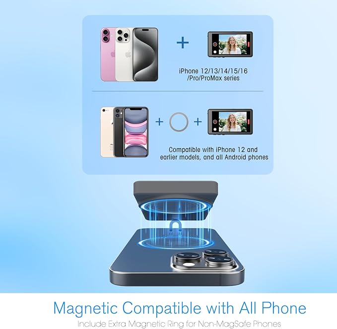 Vlog Selfie Monitor Screen iPhone, 4K 60fps Recording, Wireless Screen Mirroring with Remote Control, Magnetic Fixation, 180° Rotation, 3 Levels of Brightness, Compatible with iPhone & Android
