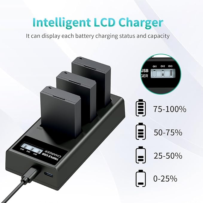 LP LP-E10 Battery Charger Pack, 3-Pack 1600mAh Replacement Battery, Triple Slot Charger, USB Battery Charger for Canon EOS Rebel T7, T6, T5, T3, T100, 4000D, 3000D, 2000D, 1500D, 1300D & More