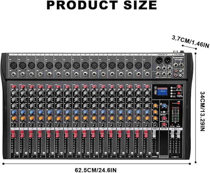16 Channel Professional Audio Mixer Console Sound Board with 48V Phantom Power,USB Audio Interface for Live Show,Streaming Recording Music Stage Karaoke
