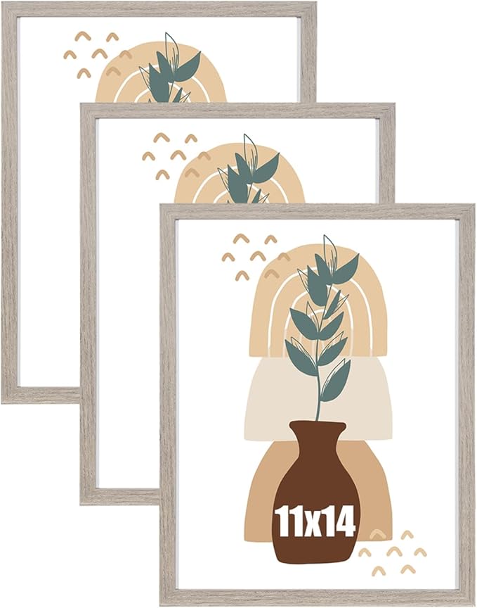 kennethan 11x14 Picture Frame Gray Set of 3, Wooden Poster Frame for Wall Mounting Display for Home, Office,Gallery,Holiday with Photos, Posters, Puzzles