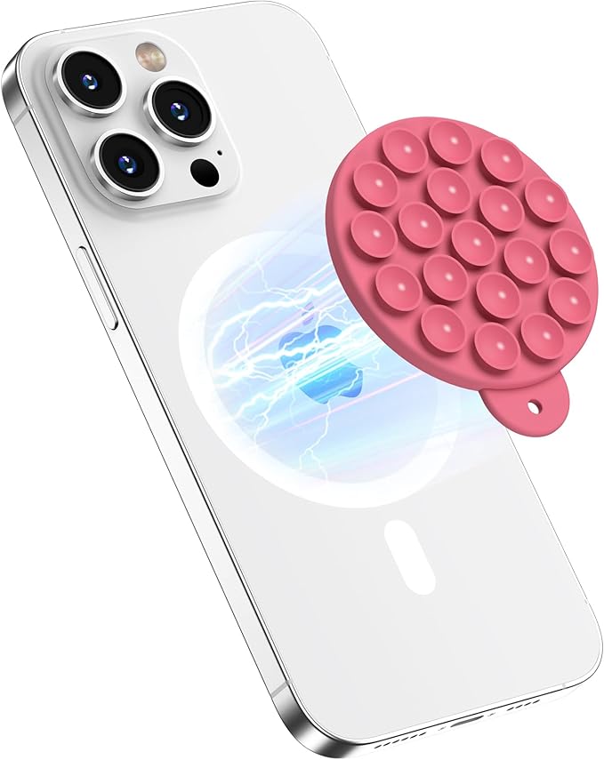 Magnetic Suction Cup Phone Mount with MagSafe, Silicone Hands-Free Grip Holder for iPhone Case and Android, Mirror Shower Phone Stand for Makeup FaceTime Gym Kitchen Bathroom, Camellia Red