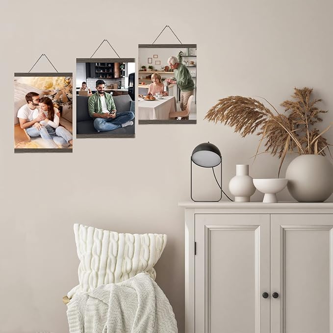 YK artwood 3 Pack Magnetic Poster Hanger Brown, 12x18 12x16 12x24 Poster Frame Wood Wooden Magnet Print Posters Dowel Scroll Hanger Hangers Hanging Kit for Walls Map Canvas Artwork