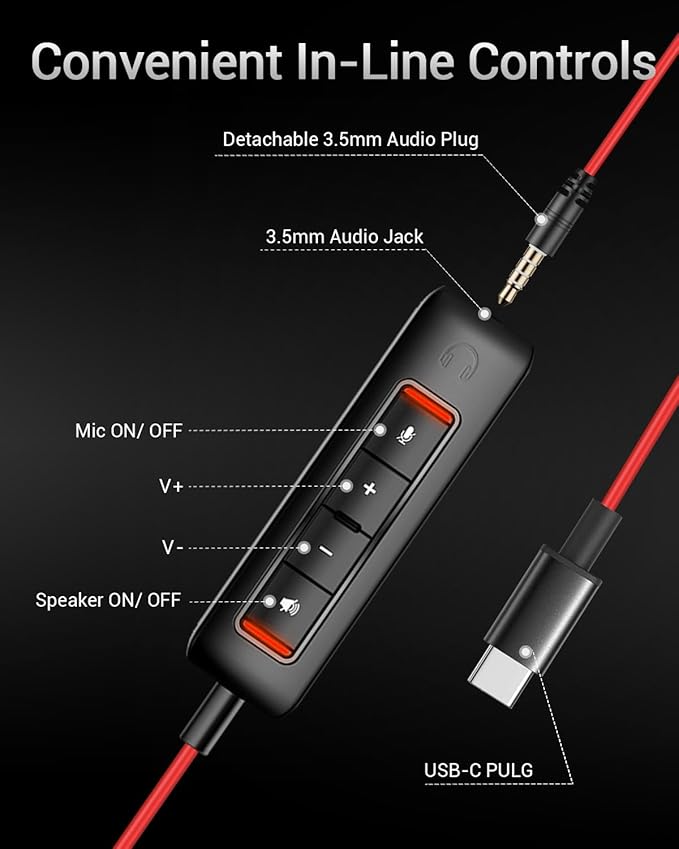 NUBWO HW02 USB C/3.5 Headset with Microphone,Computer Headset with in-line Mute & Volume Control,Wired Headset for Laptop,Skype,Zoom,Call Center,Meetings,Webinar,Home, Black