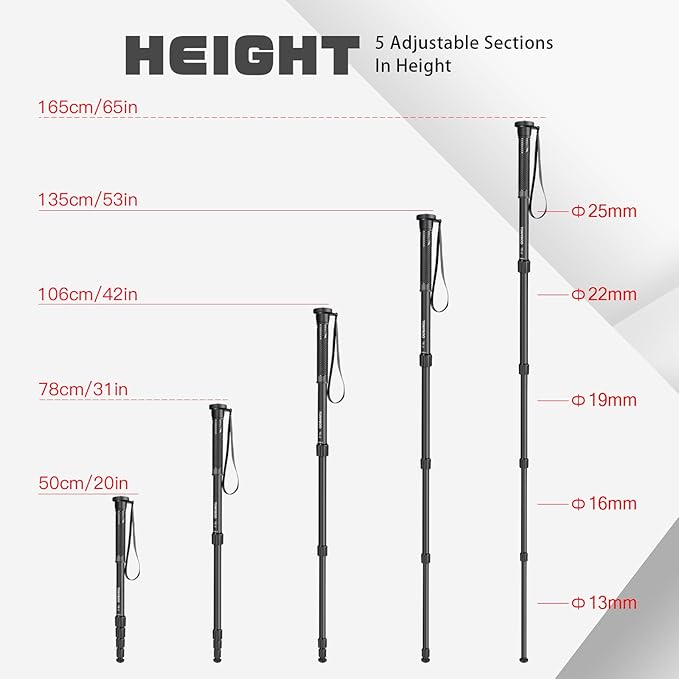 TONYBOO 65” Camera Monopod, Φ25mm 6-Section Aluminum Camera Monopod Stand, with Wrist Strap, Rubber Grip, Twist Locks, Compatible with Photography DSLR Camera Mirrorless, Load up 8kg- TE-2