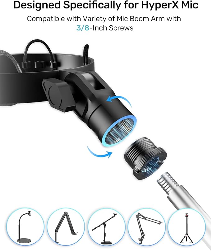 [Custom Built for HeyperX Quadcast Shouck Mount ] Microphone Mount Stand Mic Mount Adapter with 5/8" 3/8" Screw Adapter with Microphone Stand & Boom Arm