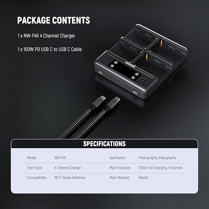 NEEWER NP-F970 4 Channel Charger with Smart Power Consolidation Compatible with Sony NP-F550 750 Camcorder NPF Camera Battery, PD100W Fast Charging/Dual USB C/OLED Display/100W Type C Cable, NW-F4R