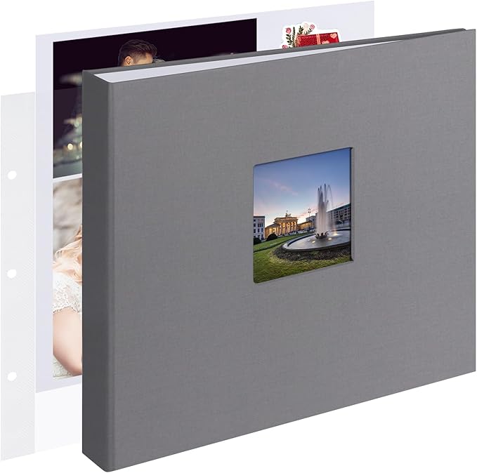 12x12 Inch Large 3 Ring DIY Scrapbook Photo Album Journal with 30 Plastic Sleeves 60 Pages and Fabric Cover for Baby Travel Wedding Anniversary kids Adventure (Dark Gray Cover/White Pages)