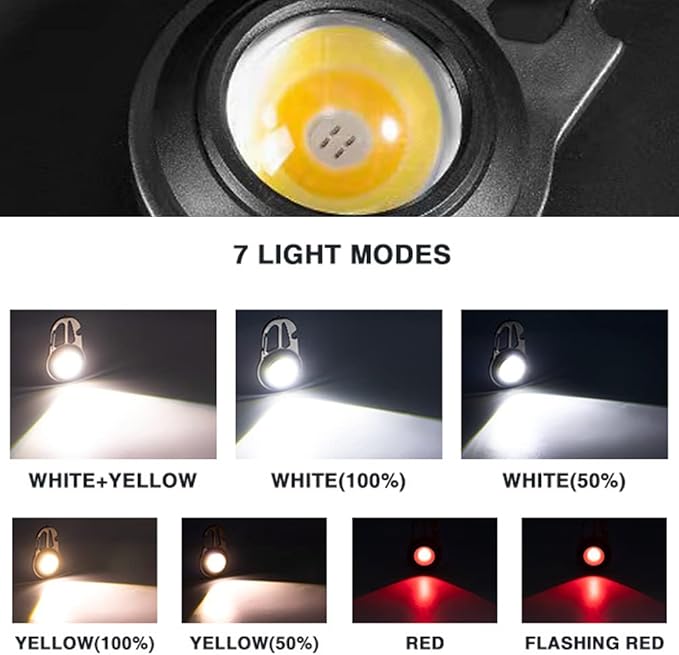 BY-J Cob Mini Flashlight Keychain Light, 500 Lumens Bright Rechargeable, Small Multi-Function Work Light, 7 Modes Portable Pocket Light Battery Display Bottle Opener for Camping Emergency Lighting