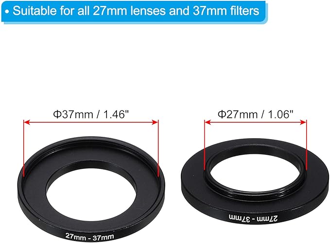 PATIKIL 27mm-37mm Metal Step Up Ring with Cleaning Cloth, 2 Pack Camera Lens Filter Adapter Ring Aluminum Filter Adapter Ring for Camera Lenses Hood, Black