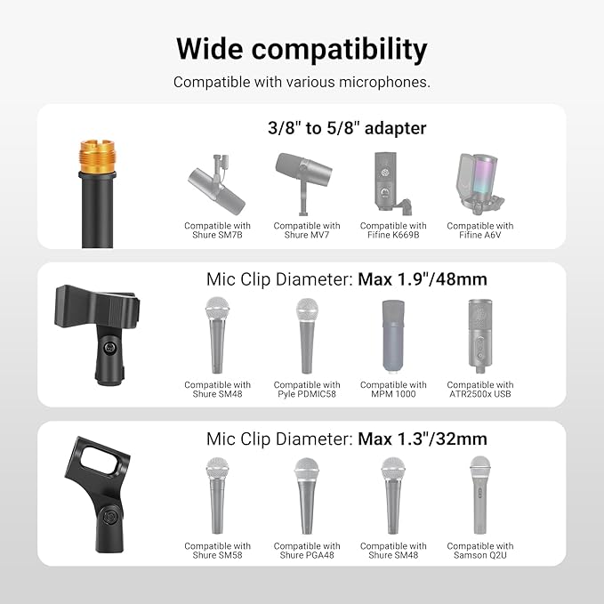NEEWER Mic Stand Floor, Microphone Tripod with Boom Arm, Heavy Duty Adjustable Stand & Arm with 2 Mic Holder Clamps, 3 Cable Clips, Bag, 3/8" to 5/8" Adapter for Singing Podcast Recording, MS046