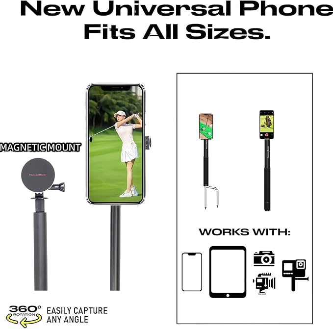 Golf Monopod Stick, Record Golf Swing with Magnetic Phone Holder, Adjustable Tripod with Spike Stake Golf Accessories Golf Swing Training, Compatible with Gopro Insta, Golf Train Aids