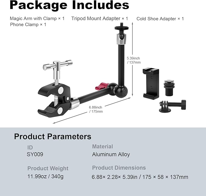 11" Articulating Magic Arm Clamp Mount, Magic Arm Camera Mount with Super Clamp, Magic Arm Crab Clamp for DSLR Action Camera Monitor Video Light, Max. Load 4.4lbs for Table & Tube (SY009)