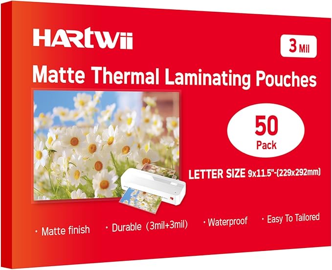 HARTWII Matte Laminating Sheets 9 x 11.5 Inches, 3 Mil Thick, 50 Pack,Clear Anti-Glare 8.5 x 11 Matte Thermal Laminating Pouches for Letter Size (50)