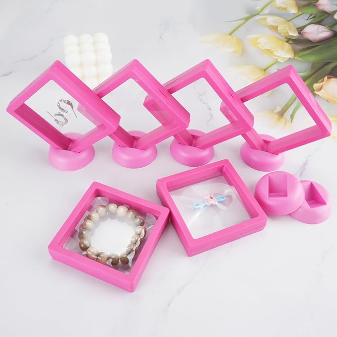12PCS 3D Floating Frame Case with Stands, Challenge Coin Display Stand Holder, Gift Packing Showcase for Earrings, Jewelry, Medallions, Specimens, 3.54x3.54 Inch (Pink)