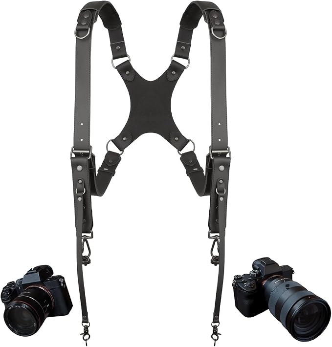 Leather Dual Camera Harness Strap for Photographers,Adjustable Shoulder Crossbody Padded Harness for DSLR SLR
