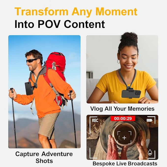 Neck Mount for Phones, Hands Free POV/Vlog Filming, Neck Cell Phone Holder for Recording Cooking Riding Outdoor, Content Creator Essentials Compatible with iPhone Android Smartphones (Gray)