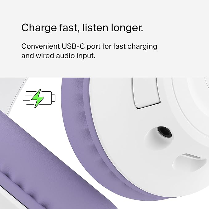 Belkin SoundForm Inspire Wireless Over-Ear Headset for Kids, Online Learning & Travel w/Built-in Microphone, 85dB Safe Volume Limit, 35H Battery - Compatible w/iPhone, iPad, Galaxy & More - Lavender