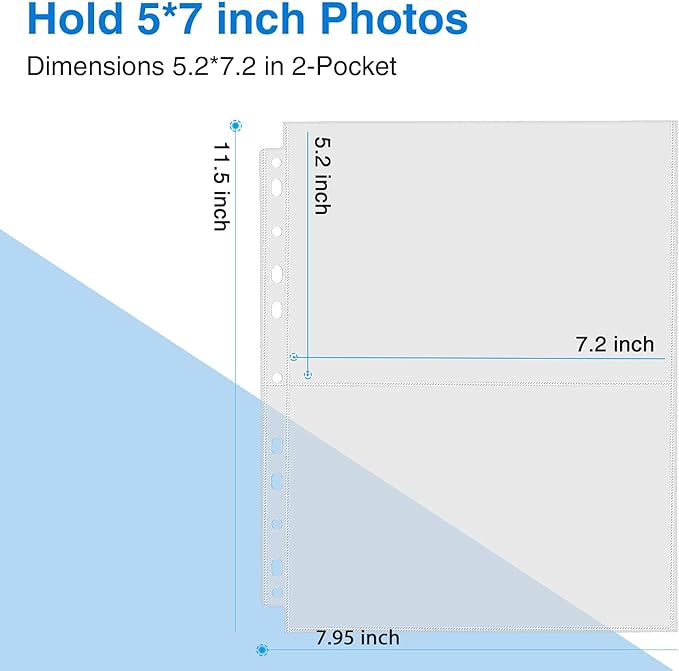Sooez 100 Pack Heavy Duty Photos or Postcards Page Protectors, Plastic Clear Photo Holder Sleeves for 3 Ring Binder, Two 5'' x 7'' Pockets Per Page, Load from Top Perfect for Checking & Organizing