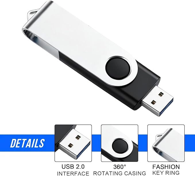 3 Pack 64GB USB Flash Drive with Type C Adapter and Storage Box USB 2.0 High Speed Metal Pen Drive 360° Rotatable Storage Memory Stick for Phone/Pad/PC/Laptop/Android - Black(3-Pack 64GB)