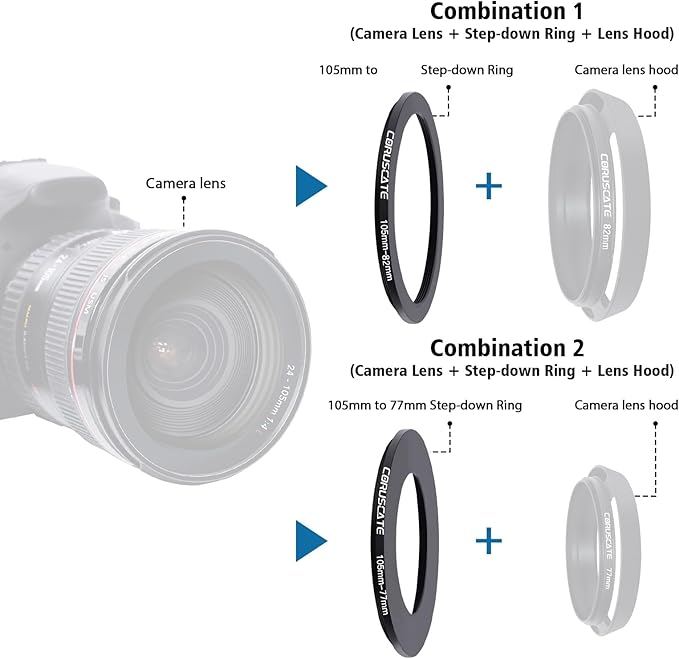 3Pcs 105-82mm/105-77mm/105-72mm Filter Ring Adapter,Metal Step Down Ring for All Brands Camera Accessory(for UV,CPL,ND,Threaded Lens Hood)