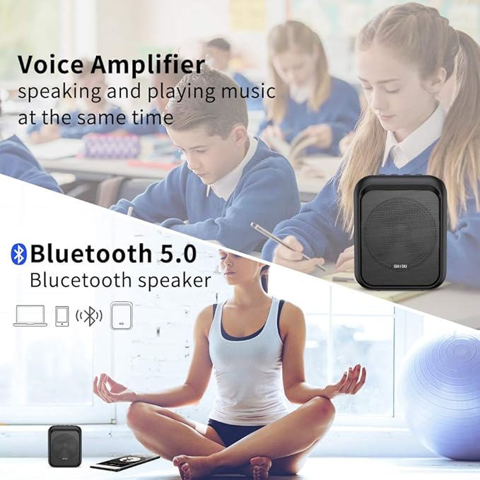 SHIDU Mini Voice Amplifier Portable Bluetooth Speaker with UHF Wireless Microphone Headset 10W 1800mAh PA system Supports MP3 Format Audio for Teachers, Coaches, Training, Tour Guide.