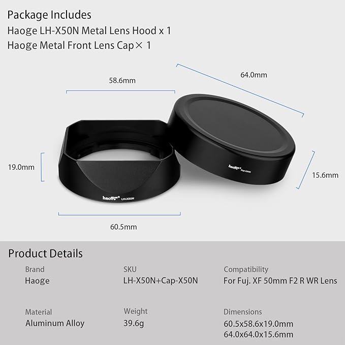 Haoge LH-X50N Bayonet Square Metal Lens Hood for Fujifilm Fuji Fujinon XF 50mm F2 R WR Lens with Metal Cap Kit on X-Pro3 X-T4 X-S10 Camera