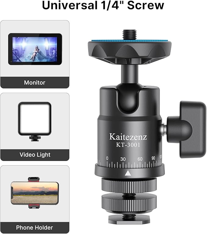 Mini Ball Head, Panoramic Camera Tripod Head with 1/4" Screw and Dual Hot Shoe Mount, 360 Rotatable Metal Adapter for DSLR Camera Tripods Monopods Camcorder Light Microphone, Max Load 5.5lbs