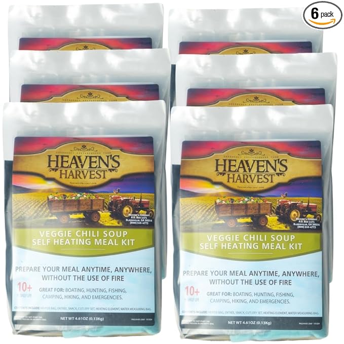 Heaven's Harvest Self-Heating Emergency Meal Kit (10 Year Shelf Life) — Tastier than MRE Meals & Ready-To-Eat in Minutes! Just add water to activate the “cooking” process. (Veggie Chili) (6-Pack)