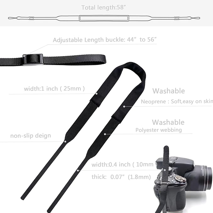 YMTHamaz3 Camera Neck Strap Thin,Soft Binocular Strap with Neoprene Padding,Small Compact Camera Lanyard Belt,Digital Mirrorless Camera Strap for Photographers,Washable,Black,58 Inch