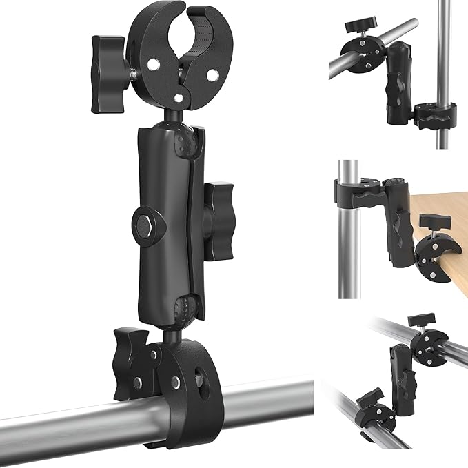 Super Double Clamp Mount Umbrella Camera Pole Clamp Holder,360° Magic Socket Arm Ball Head for Umbrella Chair Clip, Photo Studio Light Stand,Photo Boom Stand,Cross Bar,Stroller,Flag Holder Mount