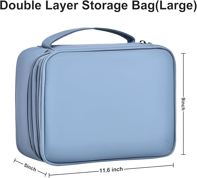 Double Layer Leather Cable Organizer Bag Large Capacity Waterproof Tech Organizer Case for Travel Electronics Accessories Storage Case with Adjustable Divider(Gray&Blue, Double Layer-Large)