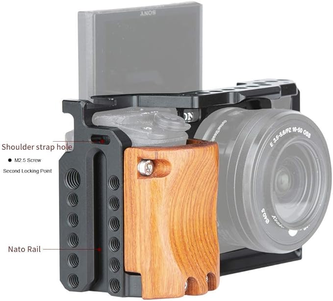 NICRYRIG Cage Kit for A6400 A6500 Sony Mirrorless Camera, with Wooden Handle Grip M2.5 Screw - 110