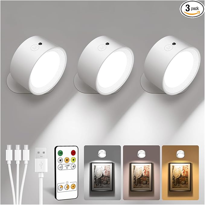 LED Wall Mounted Lights, Rechargeable Wall Sconces with Remote & Touch Control, 3 Color Temperatures 360° Rotation Dimmable Cordless Wall Light for Bedroom Study Reading Bedside (White, 3 Pack)