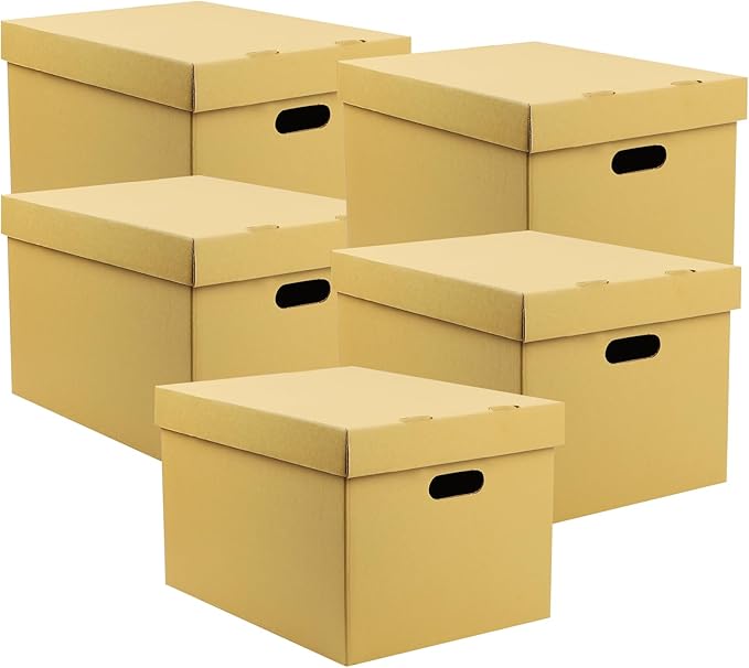 Lineco, Archival Storage Cartons, Ready-To-Assemble, for Documents or Photos, Acid-Free, Buffered Corrugated Board, 12 x 15 10 in, Tan, Pack of 5