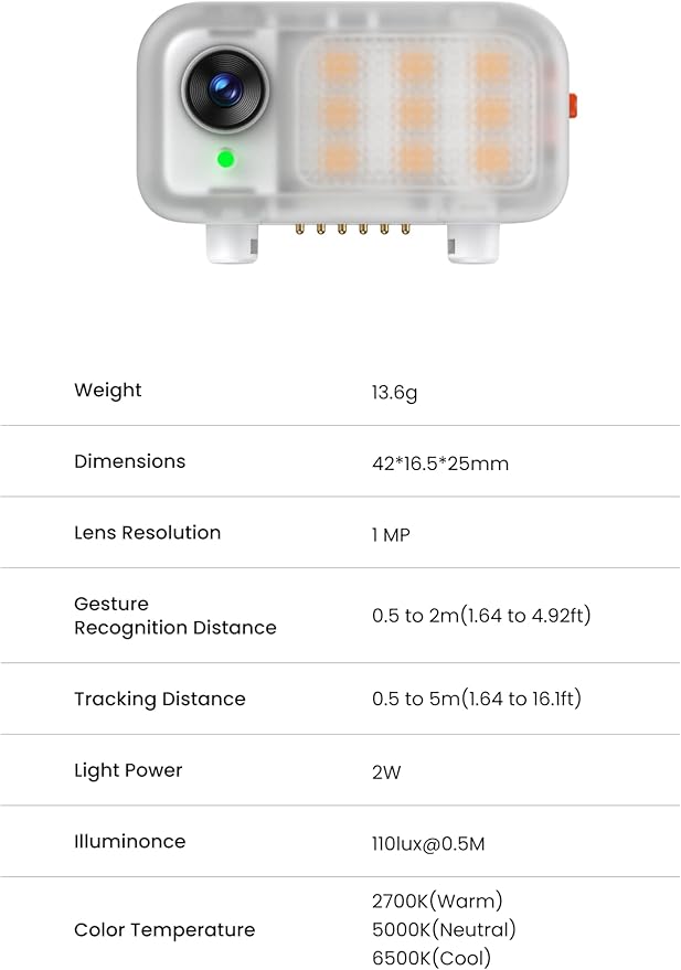 Hohem AI Tracking Sensor with 3-Color Magnetic Fill Light, AI Tracker Compatible with iSteady V3, Cool/Warm/Neutral Light Mode, Smartphone Gimbal Stabilizer Accessories, MTK-L03, White