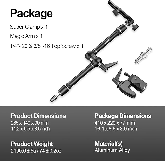 EMART 20" Heavy Duty Magic Arm Camera Mount with Super Clamp and Platform, Camera Mounts & Clamps with 360° Dual Ball Head, 1/4" & 3/8" Screw and 5/8" Stud Adapter for Flash/LED Light, Monitor,Softbox