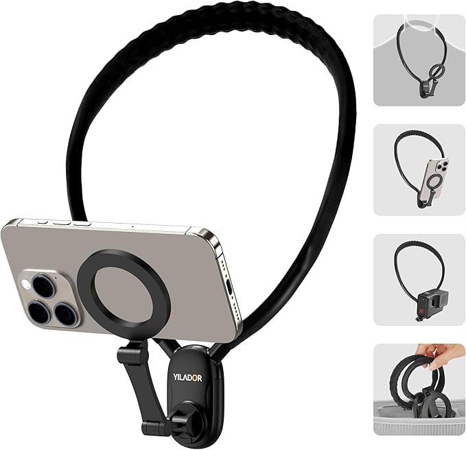 Magnetic Neck Phone Holder for Recording, Hands Free POV/Vlog Video Filming, 4 in 1 Phone Chest Mount for Cooking/Riding/Indoor/Outdoor, Content Creator Essentials for iPhone Android GoPro DJ (Black)