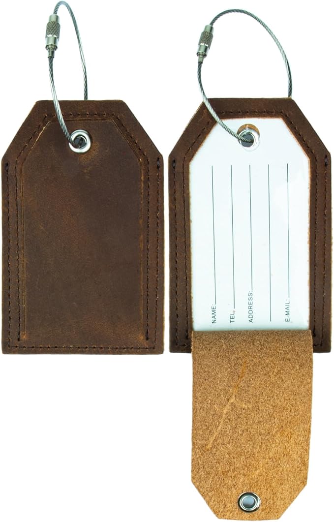 Genuine Leather Set of 2 Luggage Tag with Full Back Privacy Name ID Card Stainless Steel Loop Suitcase Labels Identifiers Baggage Tags Luggage for Women Men Travel (Coffee)