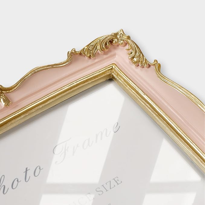 5x7 Pink Picture Frame, Vintage Pink and Gold 5 by 7 Antique Photo Frames, Ornate Textured Hand-Crafted Resin Frame with Glass Front for Tabletop Display or Wall Hanging, Retro Design Home Decor
