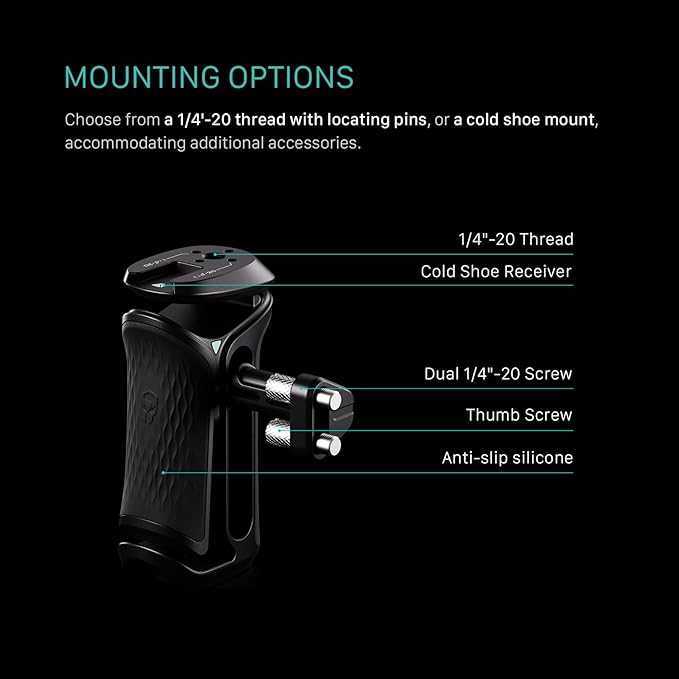 Tilta Xeno Side Handle for Filmmakers & Cameras - Black | Secure Connection & Helps Prevent Rotation | Adjustable Height | Textured Silicone Grip | Convenient Assembly (Dual 1/4″-20)