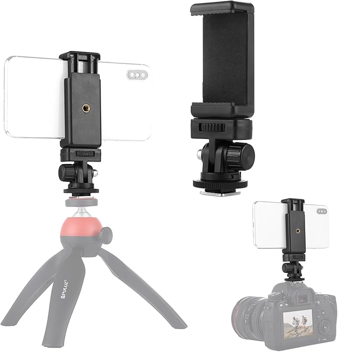 PULUZ Camera Hot Shoe Phone Holder, Action Camera Adapter Kit for DJI GoPro Insta360, Phone Tripod Mount Cold Shoe for iPhone, Samsung, Attaching on DSLR or Ring Light