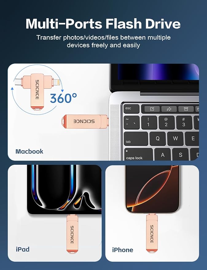 SCICNCE 512GB Flash Drive Intended for iPhone, USB Memory Stick Storage Backup for Photos Videos, Plug and Play No APP Required, Compatible with iPhone iPad Android and Computers (Rose Gold)