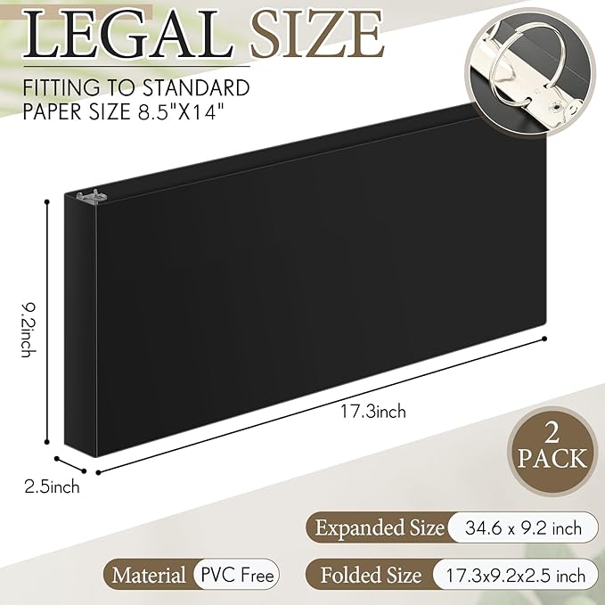 Humyoun 2 Pcs 8.5'' x 14'' Landscape 3 Ring Legal Size Binders 2 Inch Round Ring Binders Heavy Duty Economy Holds 8.5 '' x 14'' Paper for Artwork Blueprints, Office, Home, Work Places(Black)