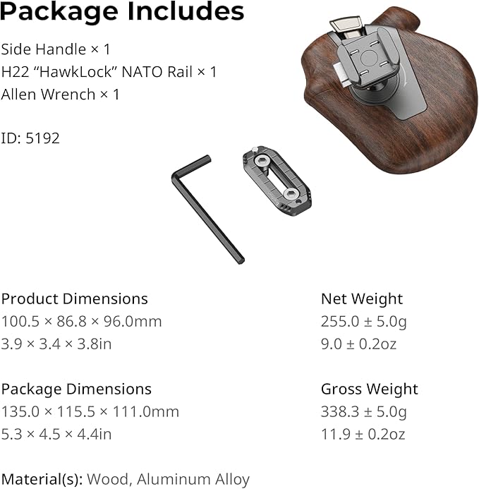 SMALLRIG Rotating Right-Side Wooden Handle with NATO Clamp & NATO Rail, Load Capacity up to 15kg, One-Touch Rotation, 360° Angle Adjustment, Anti-Slip Design