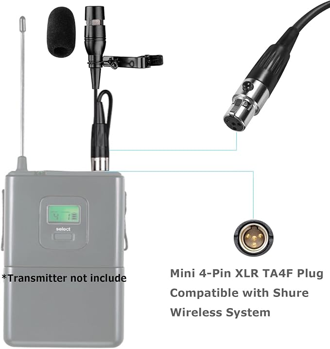 Black Lapel Lavalier Microphone Unidirectional Condenser Super Cardioid Mic Compatible with Shure Wireless Bodypack Transmitter System with Mini XLR 4 Pin TA4F Plug