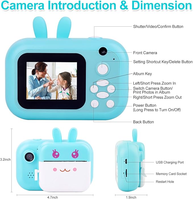 MINIBEAR Kids Camera Instant Print Camera for Kids Digital Camera Toddler Toys Christmas Birthday Gifts for 3 4 5 6 7 8 9 10 Year Old Boys Girls, Blue