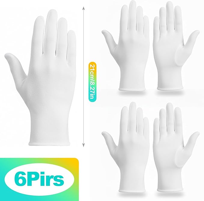KornaDoz 6 Pairs White Cotton Gloves, Thin Inspection Gloves for Women and Men, Soft for Dry Hands, Works for Coin, Art Handling and Archival